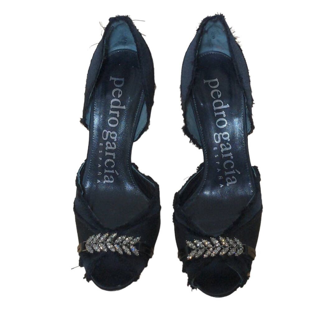 Pedro Garcia Diara Dorsay Heel Black Satin Rhinestone Slip On High 7.5 EU 37.5